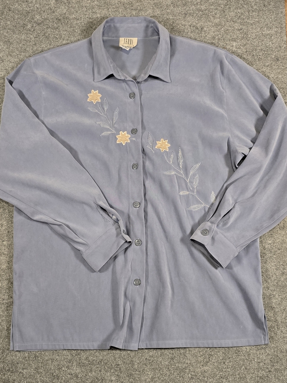 Vintage Teddi Blouse Light Blue Embroidered Button-Up